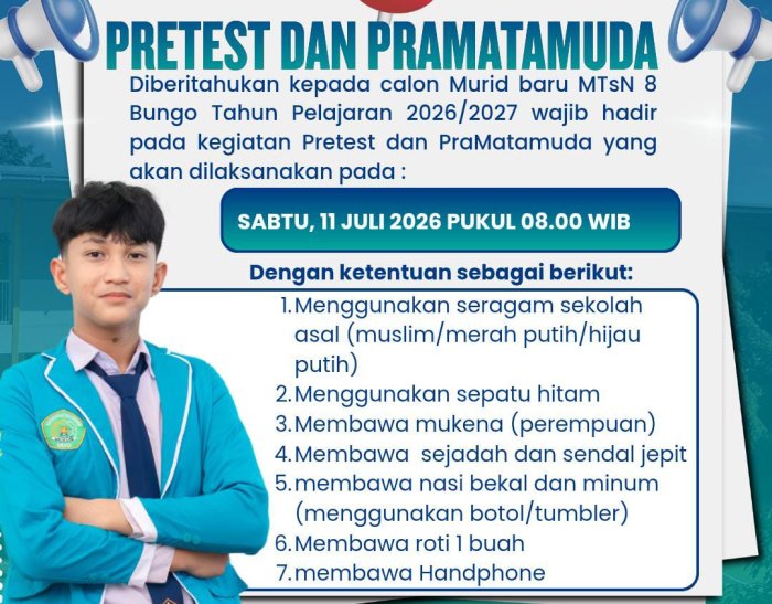 Pretest dan PraMATAMUDA 2026 Siap Digelar, MTsN 8 Bungo Sambut Calon Murid Baru dengan Semangat dan Persiapan Matang Pretest dan PraMATAMUDA 2026 Siap Digelar, MTsN 8 Bungo Sambut Calon Murid Baru dengan Semangat dan Persiapan Matang