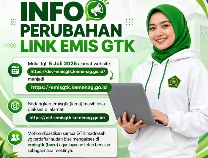 Mulai 5 Juli 2026, Akses EMIS GTK Beralih ke Alamat Baru, GTK MTsN 8 Bungo Diminta Segera Menyesuaikan Mulai 5 Juli 2026, Akses EMIS GTK Beralih ke Alamat Baru, GTK MTsN 8 Bungo Diminta Segera Menyesuaikan