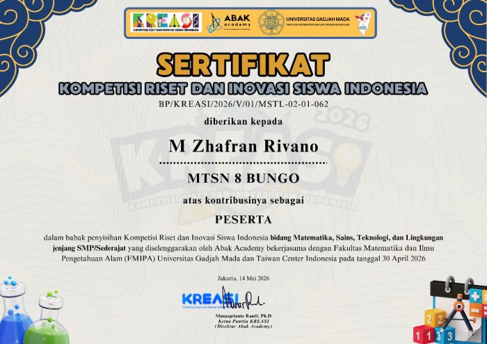 Zhafran Rivano Terima Sertifikat Kompetisi Riset Nasional, Bukti Semangat Berprestasi Siswa MTsN 8 Bungo Zhafran Rivano Terima Sertifikat Kompetisi Riset Nasional, Bukti Semangat Berprestasi Siswa MTsN 8 Bungo