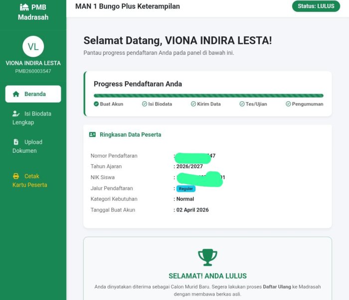 Viona Indira Lesta, Alumni MTsN 8 Bungo Tahun Pelajaran 2025/2026, Resmi Diterima di MAN 1 Bungo Plus Keterampilan