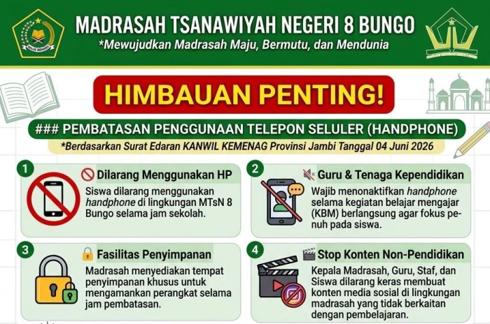 MTsN 8 Bungo Tegaskan Pembatasan Penggunaan HP diLingkungan Madrasah, Wujudkan Budaya Belajar yang Fokus dan Berkarakter